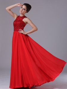 Affordable High-neck Empire Red Chiffon Formal Prom Dress with Paillette