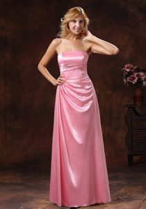 Pretty Rose Pink Strapless Prom Attire in Elastic Woven Satin with Ruche
