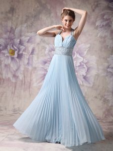 Cheap Lovely Baby Blue Halter Prom Gown in Chiffon with Beading