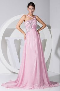 Asymmetrical Beaded Chiffon Prom Gowns in Baby Pink with Brush Train