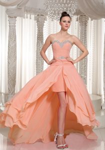 Custom Made High-low Prom Party Dress in Peach Pink Chiffon with Beading