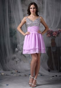 Lavender Empire Straps Short Homecoming Prom Dresswith Beading
