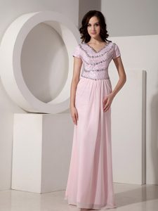 Simple Baby Pink V-neck Prom Holiday Dresses in Chiffon with Short Sleeves