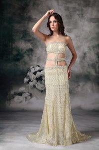 Customize Gold Empire Strapless Prom Dress with Beaded Cut Outs in Sequins