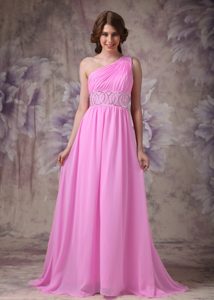 Wonderful Pink Empire One Shoulder Prom Dress with Beaded Waist in Chiffon