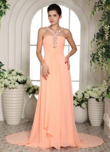 Baby Pink Straps Beaded and Ruched Prom Party Dress in Chiffon Best Seller