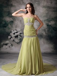 Yellow Green Mermaid Sweetheart Chiffon Prom Celebrity Dress with Beading