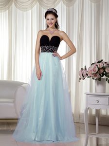 Light Blue and Black Beaded Sweetheart Dress for Prom in Taffeta and Tulle