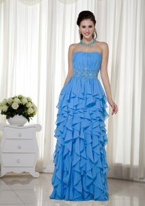 Aqua Blue Empire Strapless Prom Dresses in Chiffon with Ruffles and Beading