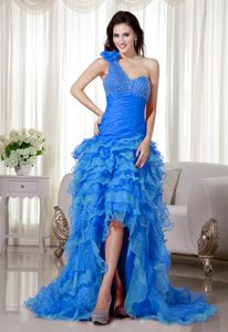 Aqua Blue Beaded Single Shoulder Organza Prom Dresses with Ruffles