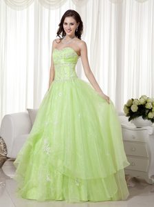 Yellow Green Sweetheart Prom Long Dresses in Organza with Beading
