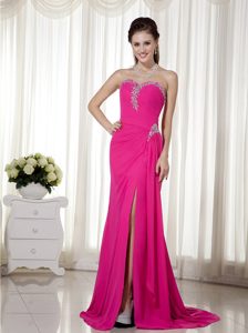 Hot Pink Column High Slit Sweetheart Prom Dresses with Beading in Chiffon