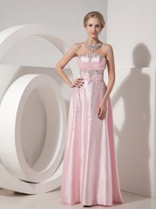 Attractive Baby Pink Strapless Beaded Prom Dresses in Elastic Woven Satin