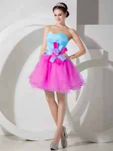Baby Blue and Hot Pink Mini-length Prom Dress in Organza with Hand Flowers