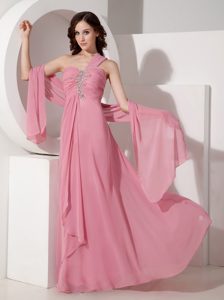 Exquisite Pink One Shoulder Long Prom Formal Dress in Chiffon with Beading