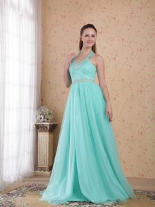 Popular Light Blue Empire Halter Tulle Dress for Prom in Chiffon with Beading