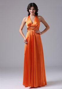 Orange Red Halter Top Best Holiday Dresses in Taffeta with Sequined Waist