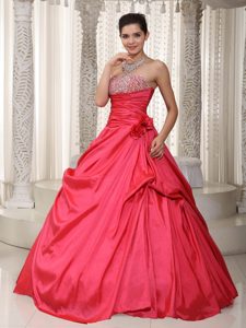 Coral Red Beaded Strapless Prom Celebrity Dress in Taffeta for Cheap