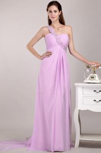 Empire One Shoulder Watteau Train Chiffon Prom Party Dresses in Baby Pink