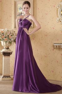 Eggplant Purple One Shoulder Prom Dress with Ruching in Elastic Woven Satin