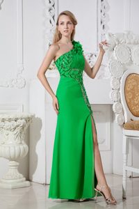Green Single Shoulder Prom Dresses in Elastic Wove Satin with Hand Flowers