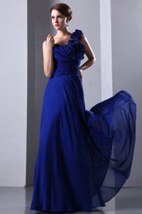 Royal Blue Empire One Shoulder Chiffon Prom Dress with Hand Made Flowers