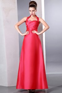Coral Red Column Halter Ruched Prom Dress for Celebrity in Taffeta for Less