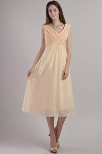 Yellow Empire V-neck Ankle-length Chiffon Prom Formal Dress with Ruching
