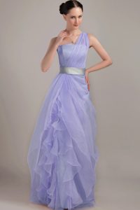 Lilac One Shoulder Long Prom Dress in Organza with Ruffles and Belt