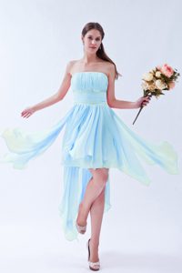 Cute Baby Blue Strapless Asymmetrical Prom Dress in Chiffon with Beading