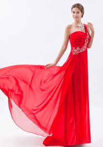 Red Empire One Shoulder Prom Long Dress in Chiffon with Beading on Sale