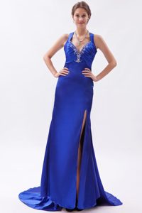 Brand New Royal Blue Sheath High Slit Prom Dress with Embroidery in Satin