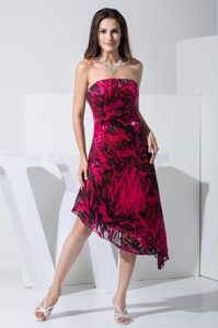 2013 Printing Strapless Asymmetrical Prom Party Dresses in Black and Red