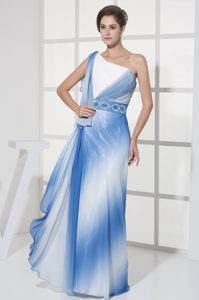 Blue and White One Shoulder Prom Party Dresses with Beaded Belt for Less