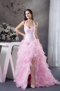 Light Pink Halter Top Organza Prom Dress with Ruffles Hand Made Flowers