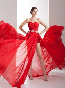 Popular Red Sweetheart Chiffon Prom Party Dress with Beading for Cheap