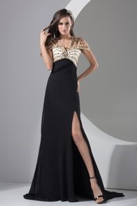 High Slit Beaded Prom Formal Dresses in Chiffon with High Slit