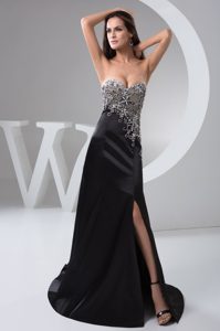 Sexy High Beaded Sweetheart Prom Holiday Dresses in Elastic Woven Satin