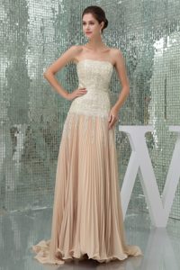 Champagne Sequined Strapless Prom Holiday Dresses with Pleats in Chiffon