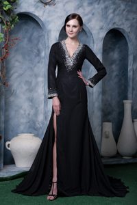 Modest Black High Slit V-neck Beaded Prom Party Dress with Long Sleeves