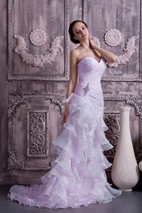 Lavender Column Sweetheart Prom Dresses in Organza with Ruffled Layers