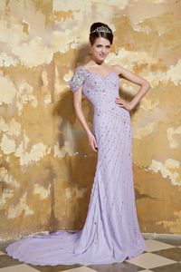 One Shoulder Prom Bridesmaid Dresses with Colorful Beading in Lavender