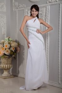 Informal White One Shoulder Beaded Prom Pageant Dress with Brush Train