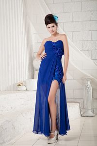 Popular Peacock Blue Sweetheart Prom Dresses to Ankle-length in Chiffon