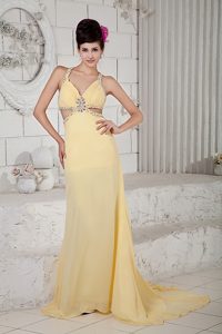 Cute Light Yellow Empire Beading Prom Dress for Ladies with Cool Back