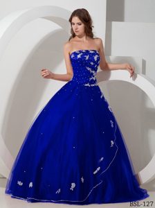Formal Ball Gown Royal Blue Strapless Quinces Gown in Taffeta and Tulle