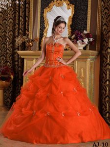 Stylish Orange Strapless Tulle Lace-up Quinceanera Dresses with Pick-ups