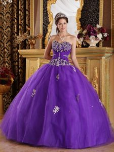 Traditional Purple Sweetheart Quinceanera Gowns with Appliques in Tulle