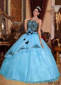 Hot Blue Strapless Organza Embroidery Dress for a Quince to Floor-length