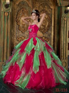 In Style Hot Pink and Green Sweet Sixteen Dress with Beading and Ruffles